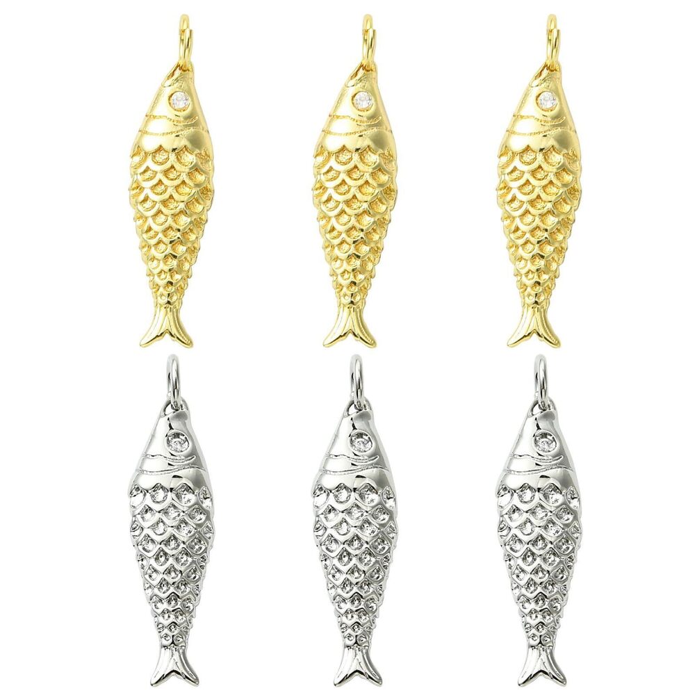 3891 6pcs Gold Plated Fish Charms Brass 3D Koi Fish Charms CZ Ocean Sea